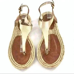 Anna Luz sandals size 6 37 tan gold leather t-strap Espadrilles beach resort